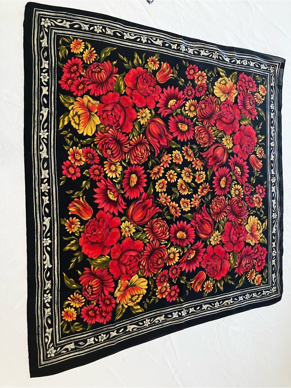 Floral Black Red Scarf - Vibrant Red & Gold Flower Square